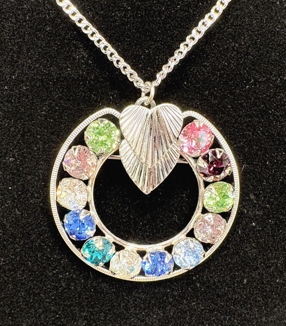 Curtis Creations Sterling Silver Multi Color Rhinestone Wreath Heart Brooch 18"